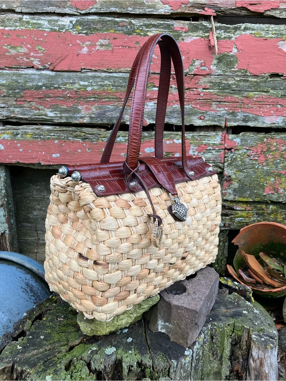 Vintage Brighton Natural Straw Purse w/ Brown Trim & Whimsical Heart Charm
